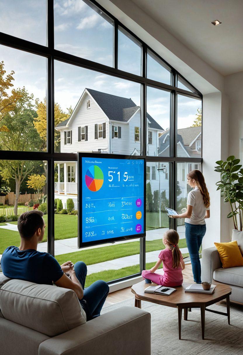 A family gathered around a modern living room, engaging with various high-tech mortgage calculators displayed on transparent screens. Beneath them, a subtle graph showing increasing home values. Large windows in the background reveal a picturesque neighborhood with well-kept homes and lush gardens. super-realistic. vibrant colors.