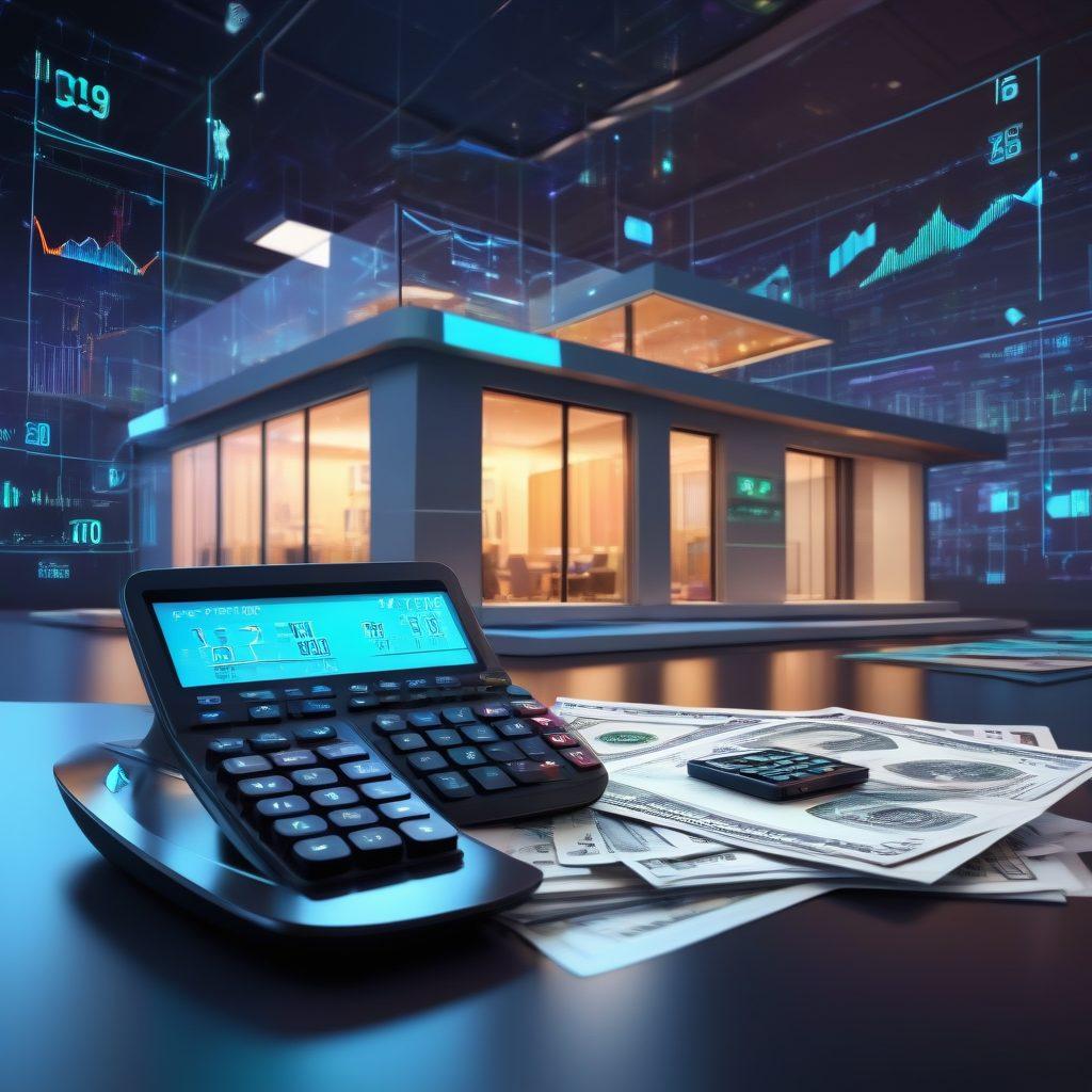 A modern, high-tech smart home with sleek architectural design, surrounded by floating calculators, loan documents, and dollar bills in a futuristic digital space. The background features abstract financial graphs and charts blending seamlessly into the environment. vibrant colors. 3D. futuristic ambiance.