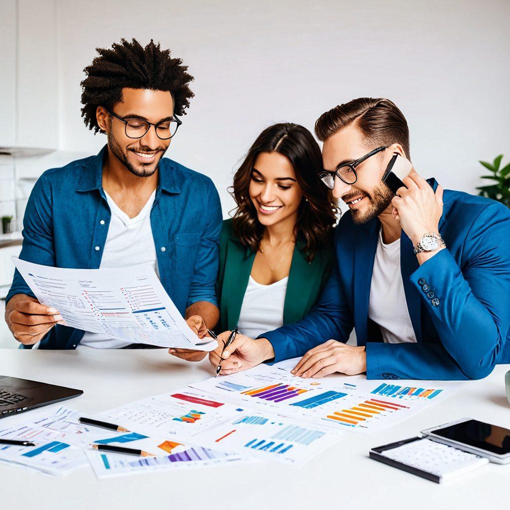 A smartly dressed couple analyzing mortgage documents at a table, surrounded by useful mortgage tools like a calculator, laptop showing a financial graph, and a miniature house. The background features a modern home setting, with a calendar and a checklist on the wall. Vibrant colors, vector art, white background.